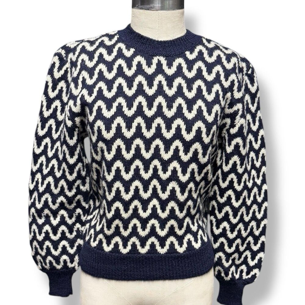 Vintage Women’s Wool Sweater S Blue Crop Zig Zag Geometric Puff Sleeve Artsy